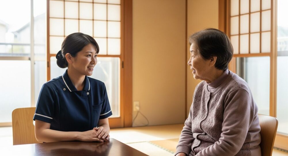 訪問看護師が利用者宅で高齢者と向き合い、訪問看護師の役割を体現する場面