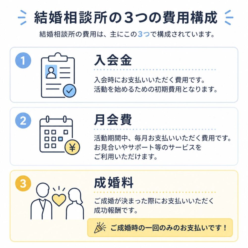 結婚相談所の成婚料とはどの費用かを示した図解(入会金・月会費・成婚料の3区分)