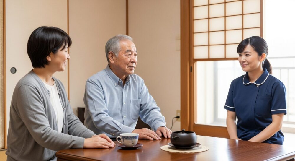 利用者が居間で家族とくつろぐ様子を訪問看護師が見守る、訪問看護師の役割を表す場面