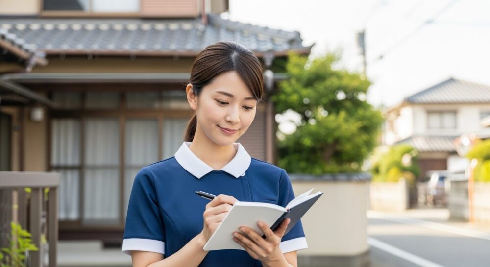 訪問看護師が手帳でケアの優先順位を確認する、訪問看護師の役割を体現する場面