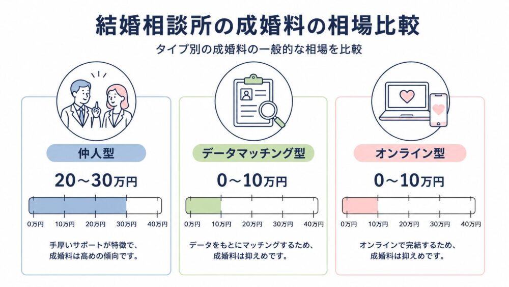 結婚相談所のタイプ別成婚料相場をまとめた図解(仲人型・データマッチング型・オンライン型)