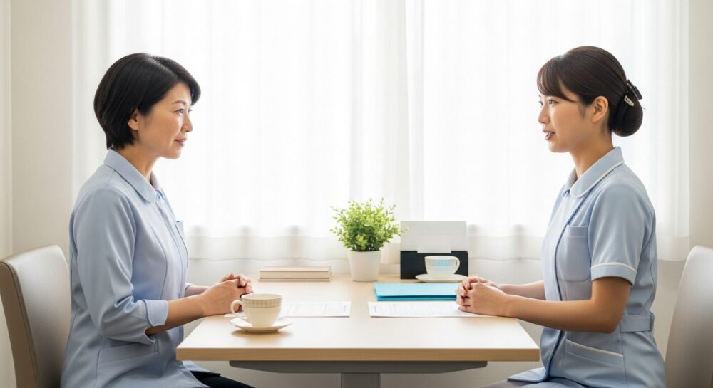 訪問看護ステーションで管理者とスタッフが1on1で話し合う、訪問看護師の役割を支える場面