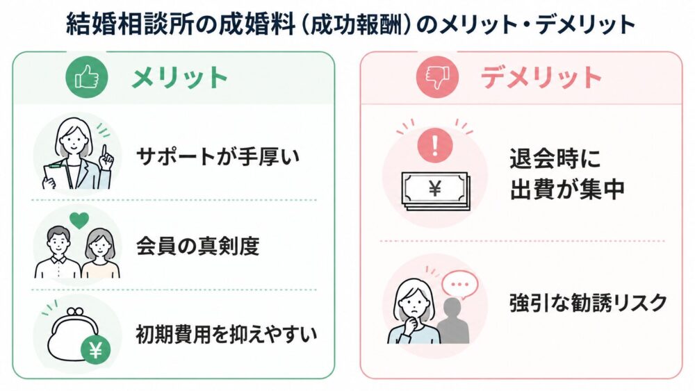 成婚料あり型・なし型の特徴を比較した図解(結婚相談所の成婚料の判断軸)