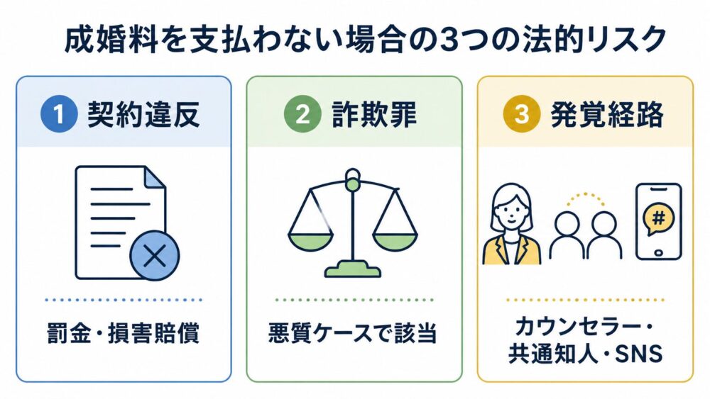 結婚相談所で成婚料を踏み倒した場合の法的リスクをまとめた図解(裏口退会／罰金・損害賠償／詐欺罪)