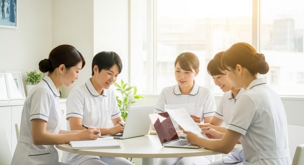訪問看護師の役割をスタッフで共有する、ステーション内ミーティングの場面