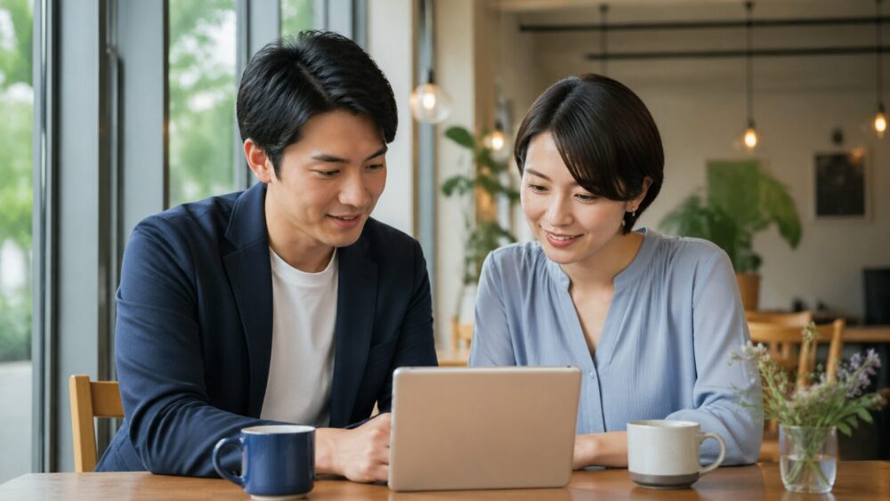 結婚式の打ち合わせをする30代の日本人カップル。結婚相談所の成婚料を理解して安心して婚活を進める姿