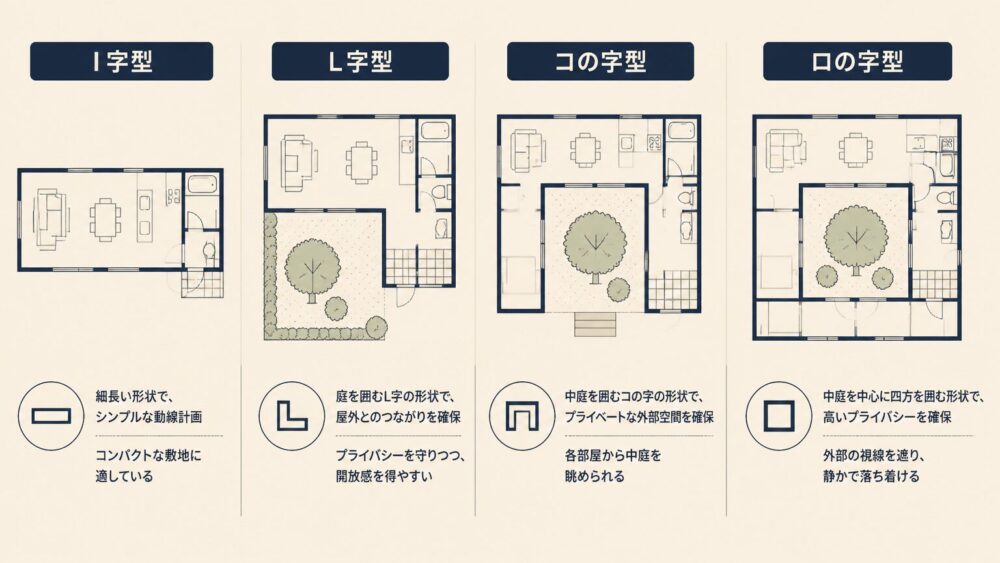 平屋理想の間取りの基本となる家の形4タイプ(I字・L字・コの字・ロの字)の比較図解