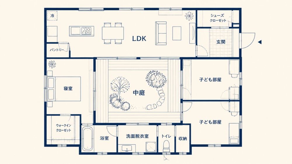 ロの字型平屋の中庭と理想の間取りを示す俯瞰スケッチ