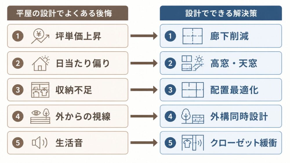 平屋理想の間取りで起こりがちな後悔5つと対策のマッピング図解
