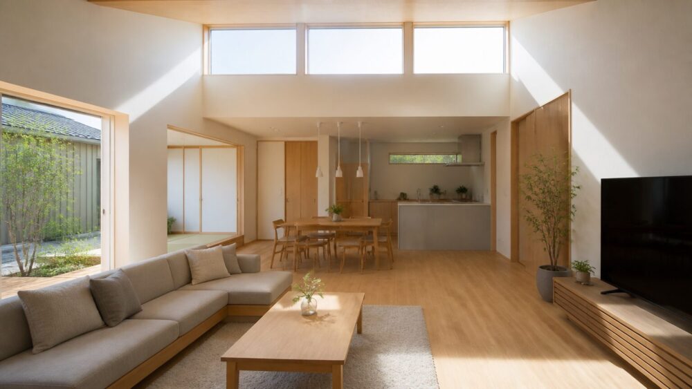 高窓から自然光が入る平屋LDKと理想の間取りの実例写真