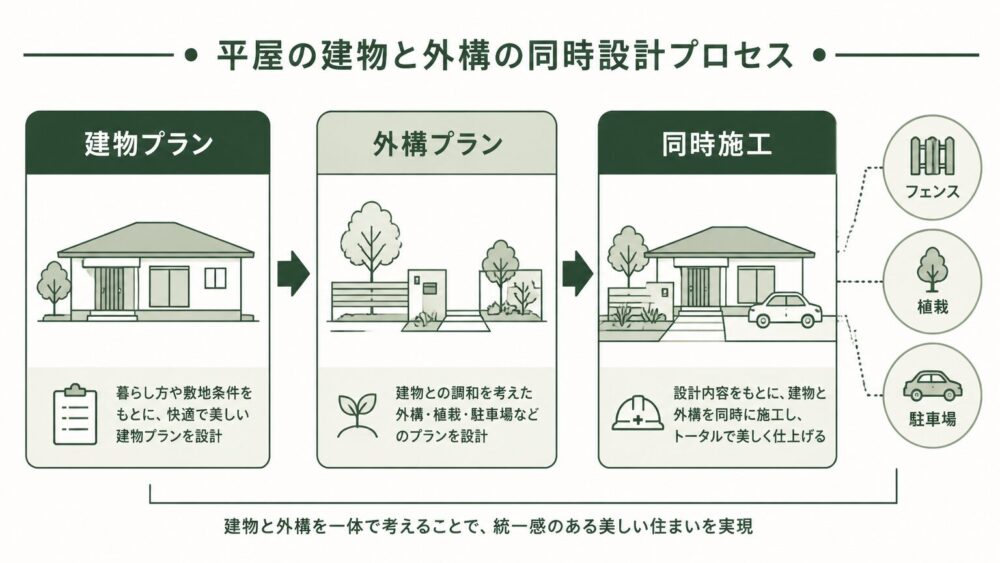 平屋の理想的な間取りに外構を同時設計するためのフロー図解